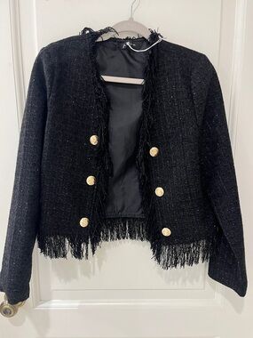 Balmain style Black Fringe Tweed Blazer with Gold Buttons